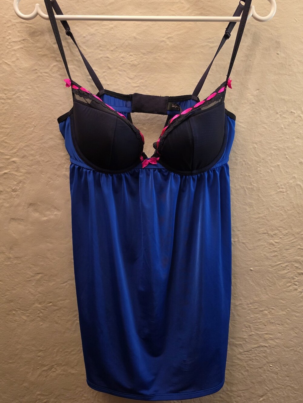 La Senza Satin Babydoll Chemise M Blue Black Pink Lace Y2K Lingerie